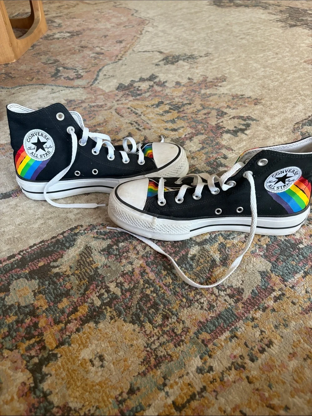 Converse Black High-Top Sneakers with Rainbow Stripe Tongue - Picture 4 of 5
